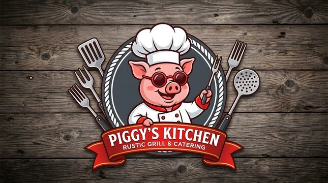 Piggy's kitchen logo cartoon pig chef with culinary tools and rustic banner design