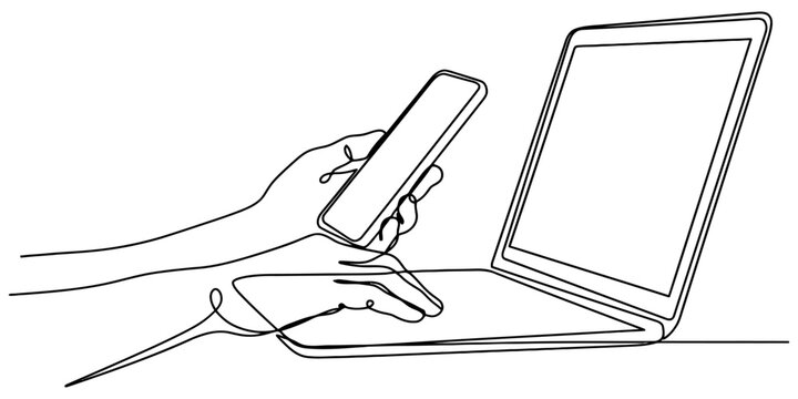Continuous line drawing of a person using a smartphone and a laptop computer for work or study showing digital connection and modern technology at home office Vector, illustration