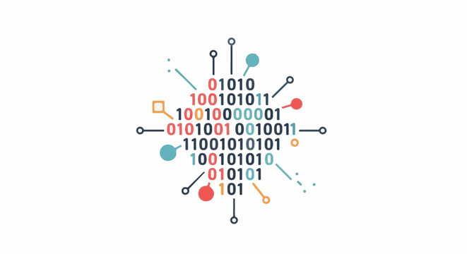 A vibrant graphic of colorful binary code forming a circular pattern with lines and dots