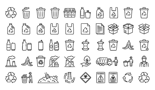 Minimal recycling outline icon collection with waste sorting trash separation pollution and disposal vectors