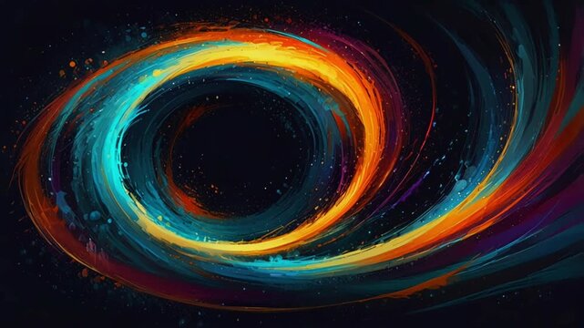 A stunning artistic illustration of a black hole or cosmic phenomenon, rendered in a brushstroke style.