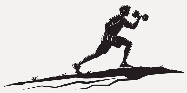 Athletic man in silhouette performing a dumbbell lunge with motion strength training silhouette dumbbell exercise strength training athletic bodybuilding weightlifting lifestyle outdoors