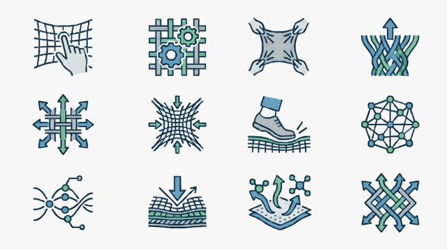 Creative Icons Showing Interactive Digital and Network Concepts with Blue Green Color Schemes with high quality professional line art symbols for modern creative design and digital branding projects
