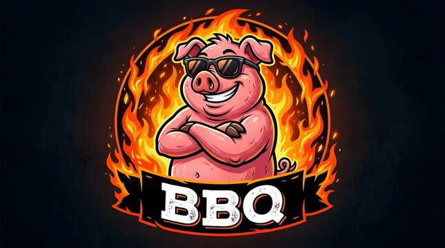 Cartoon pig mascot with sunglasses and flames bbq grill team logo design