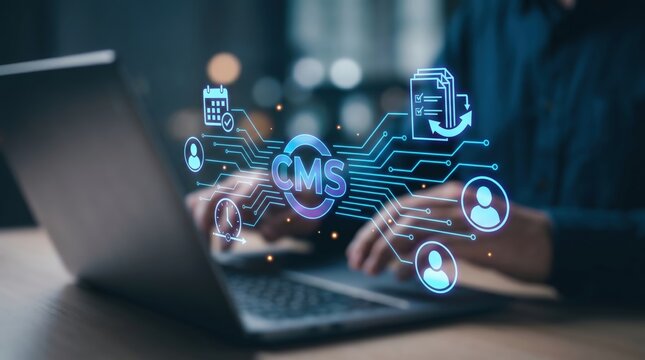 CMS Dashboard Concept: Floating Holographic Workflow Interface, Digital Content Management, and Corporate Project Planning System above Blurred Laptop Workspace