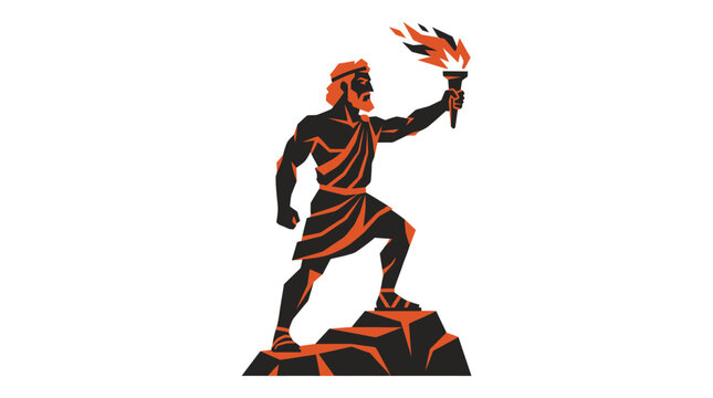Greek Titan Prometheus Holding Flaming Torch on Rocky Peak, Ancient Mythological Figure
