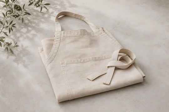 Plain cotton apron folded on a neutral table