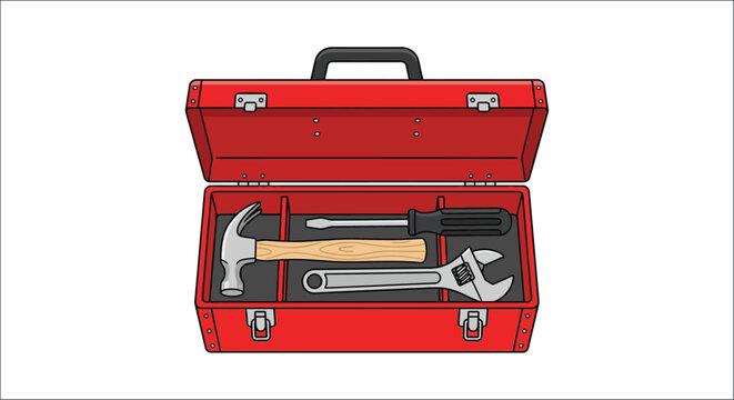 Open red toolbox containing a hammer screwdriver and adjustable wrench vector illustration tool box case