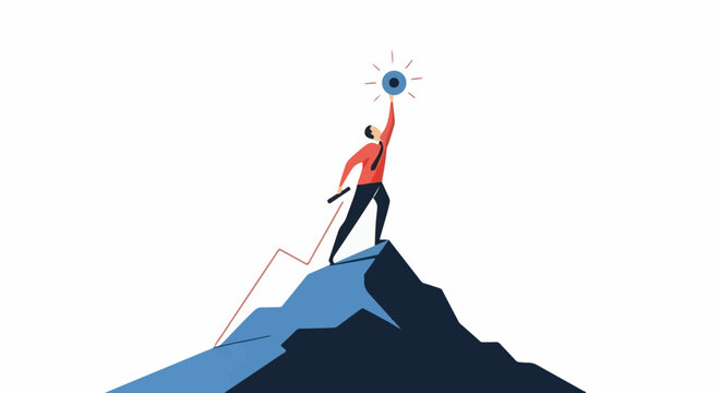 Businessman in an orange shirt reaching a blue target on a mountain peak
