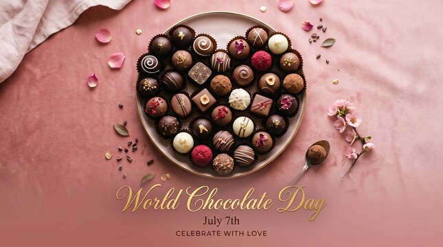 Delicious assorted chocolates on a plate with flowers and petals on pink background
