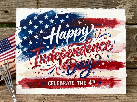 Happy Independence Day celebration with American flag and patriotic message on wooden table