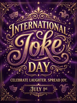 International Joke Day celebration poster with purple background and gold text