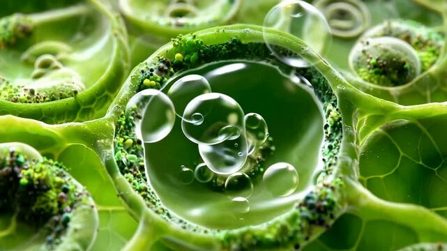 Green algae with bubbles floating.