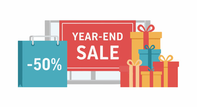 Colorful illustration of a year-end sale advertisement with gifts and a shopping bag