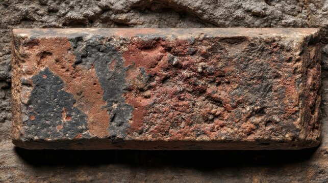 Aged limestone texture showing weathered brick surface with rust-colored mineral deposits, dark patina variations and authentic historical erosion patterns for architectural backgrounds