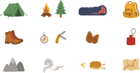 Outdoor Camping and Adventure Hiking Vector Icon Set Featuring Tent, Campfire, Backpack, Hiking Boots, Compass, Mountain, Map, and Forest Equipment Graphic Designs © Ismail