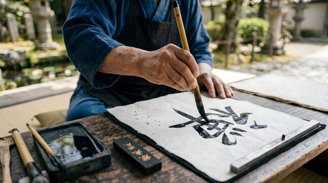 Japanese calligraphy artist practicing art