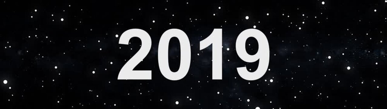 2019 future year concept in deep space with glowing stars and cosmic background.