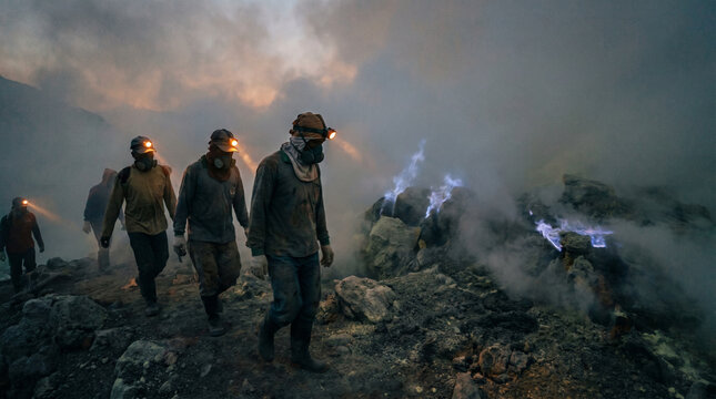 Sulfur miners wearing gas masks walk through dense toxic smoke and blue flames at Kawah Ijen volcano in East Java, Indonesia.