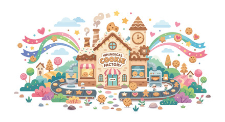 Fototapeta premium A pastel vector illustration of a whimsical cookie factory with magical production lines, sweet hills, and cute characters.
