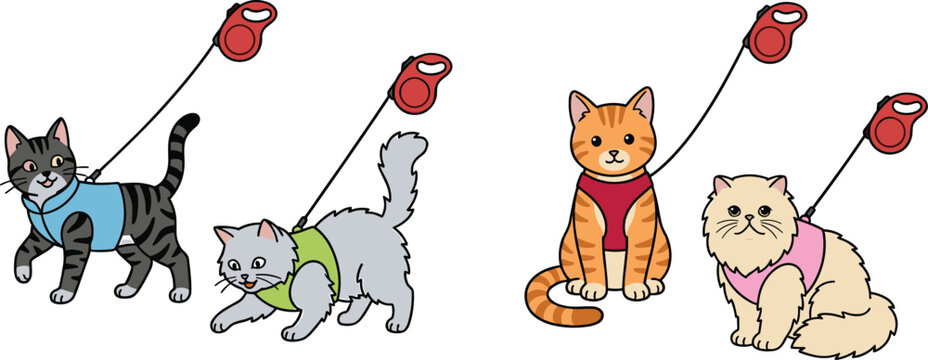 Cute cartoon cats set wearing colorful safety harnesses and retractable leashes vector
