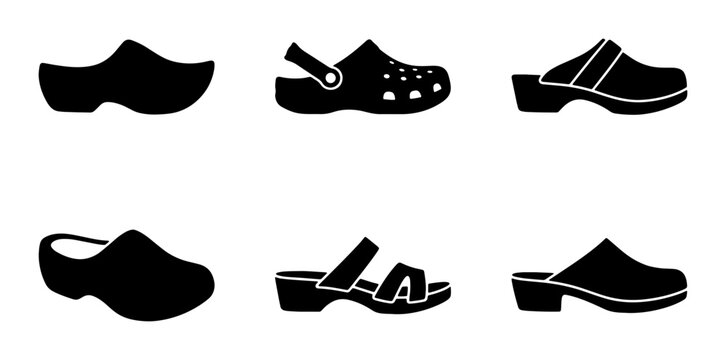 Set of 6 Black Clogs and Mules Icons, Footwear Collection Vector Graphics for Fashion and Design