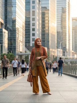 Elegant Indonesian Muslim woman wearing a modern batik outer and hijab stands on a pedestrian bridge in Jakarta's central business district.