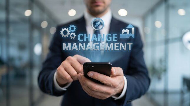 Corporate Change Management and Strategic Redirection Concept: Floating Blue and Silver Holographic Text with Overlapping Gears, Open Compass, and Transitional Building Blocks above Blurred Executive