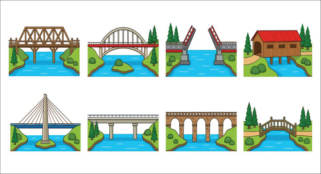 Various bridge designs in a colorful vector illustration with water and foliage bridges span structure