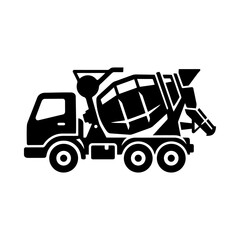 Fototapeta premium Black and white concrete mixer truck silhouette icon representing heavy construction vehicle and industrial transport equipment for building sites