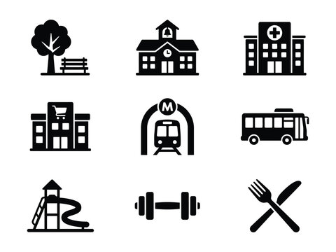 Set of black city infrastructure and public location icons including school hospital shopping mall subway bus playground gym and restaurant symbols for maps and navigation