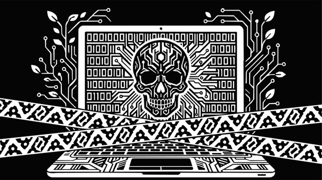 dark cyber security threat illustration with a circuit board skull on laptop screen binary code and caution tape