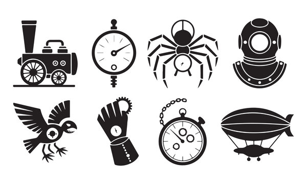 Steampunk collection of black silhouette featuring a steam locomotive, pressure gauge, mechanical spider, vintage diving helmet, clockwork bird, gloved hand, stopwatch, and airship