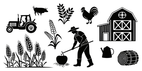 Agricultural collection including tractor barn haystack farmer and wheat icons with agriculture haystack watering countryside elements cultivation vegetation production © Eva