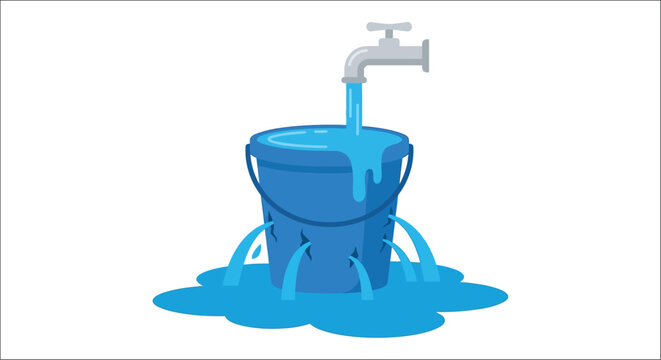 Leaking bucket filled with water under a faucet vector illustration on a white background pail