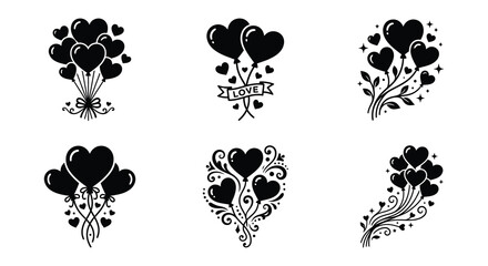 Fototapeta premium Heart shaped balloon bouquets and floral ornaments black vector illustration