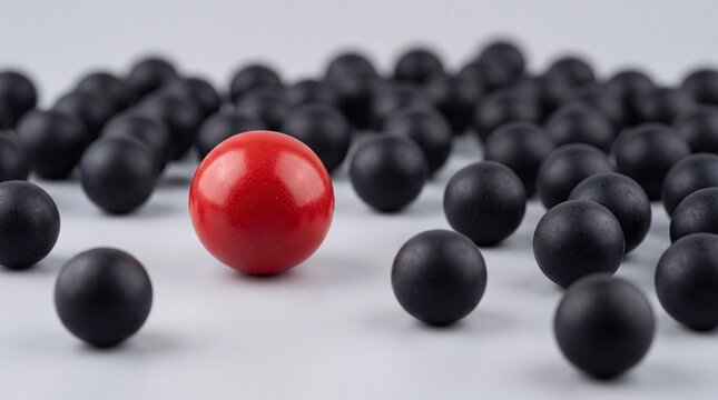 Single red sphere among black ones symbolizing individuality courage