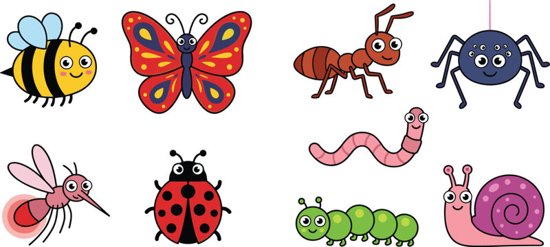 Cute cartoon insects and bugs set with friendly butterfly bee ladybug and caterpillar vector