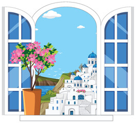Obraz premium Mediterranean Coastal Village View Through Open White Window Frame