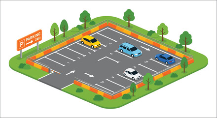 Isometric parking lot illustration with vehicles and signage featuring a green grassy border car park © vectors home