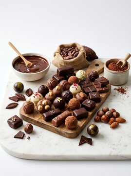 Assorted chocolates and sweets on wooden board with cocoa beans and powder