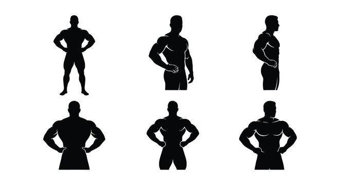 Muscular physique silhouettes black vector graphics on a white background