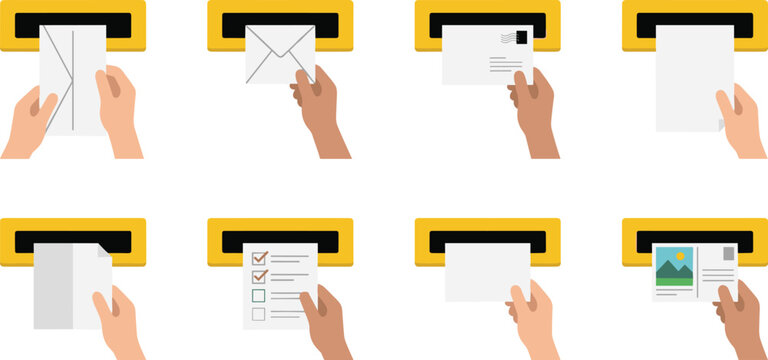 Minimalist mailbox slot set with hands dropping letters envelopes and postcards vector