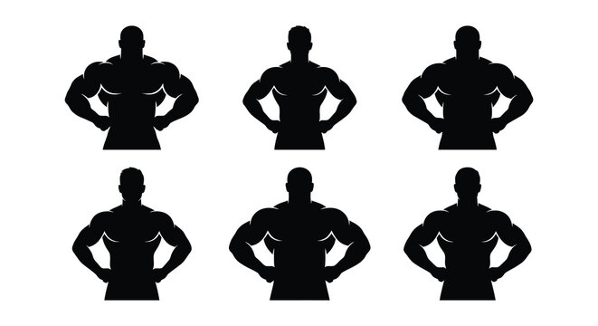 Muscular physique silhouettes black vector graphics on a white background