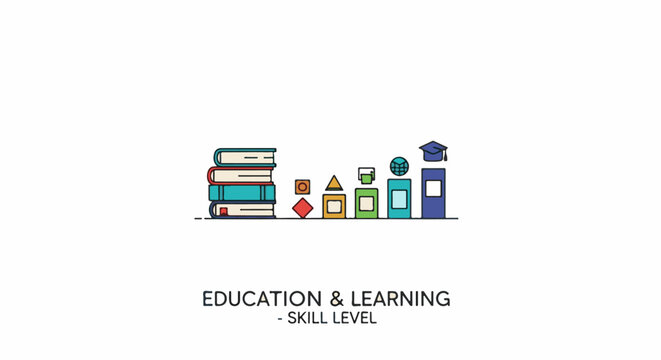 Colorful illustration of books and educational symbols for learning skill level