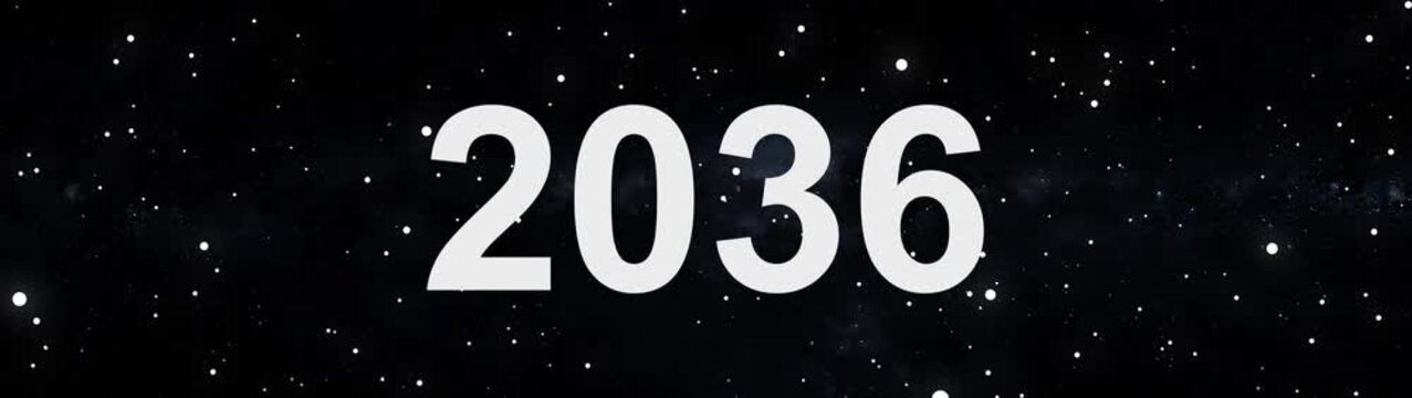 2036 future year concept in deep space with glowing stars and cosmic background.
