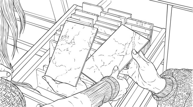 A detailed sketch of a designer choosing marble tile samples for an interior design project, focusing on natural stone textures and material