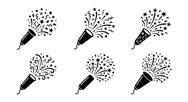 Party popper with star and confetti bursts black vector illustration