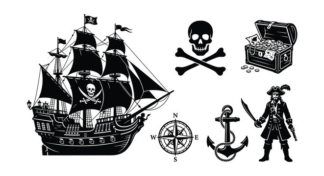 Pirate Ship And Related Objects Black Silhouette Vector Illustration