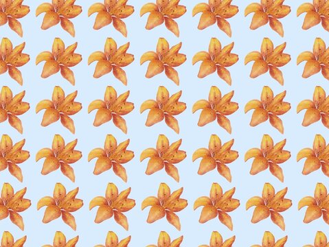 Pattern featuring vibrant orange lilies (Lilium spp. ) repeated in a grid on a pale blue background. The flowers are depicted in full bloom, showcasing their petals and central stamen details. The arr